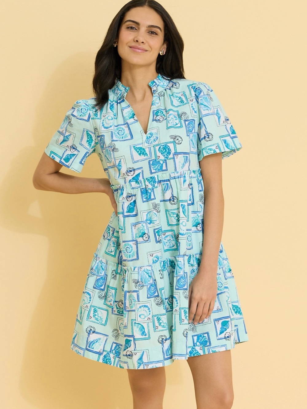 crown & ivy Light Aqua Blue Printed Tiered Short-Sleeve Dress